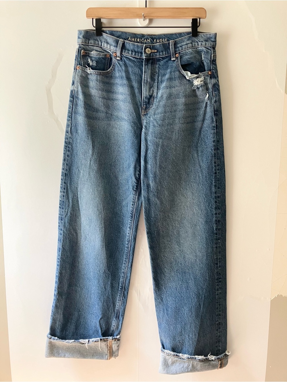 AMERICAN EAGLE Stovepipe Wide Leg Distressed Denim Sz 10 Long - Picture 3 of 10